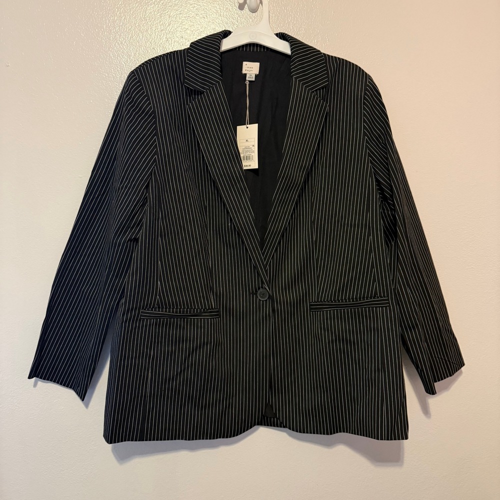 A New Day Womens XL Pinstripe Single Button Blazer Black White Office Wear